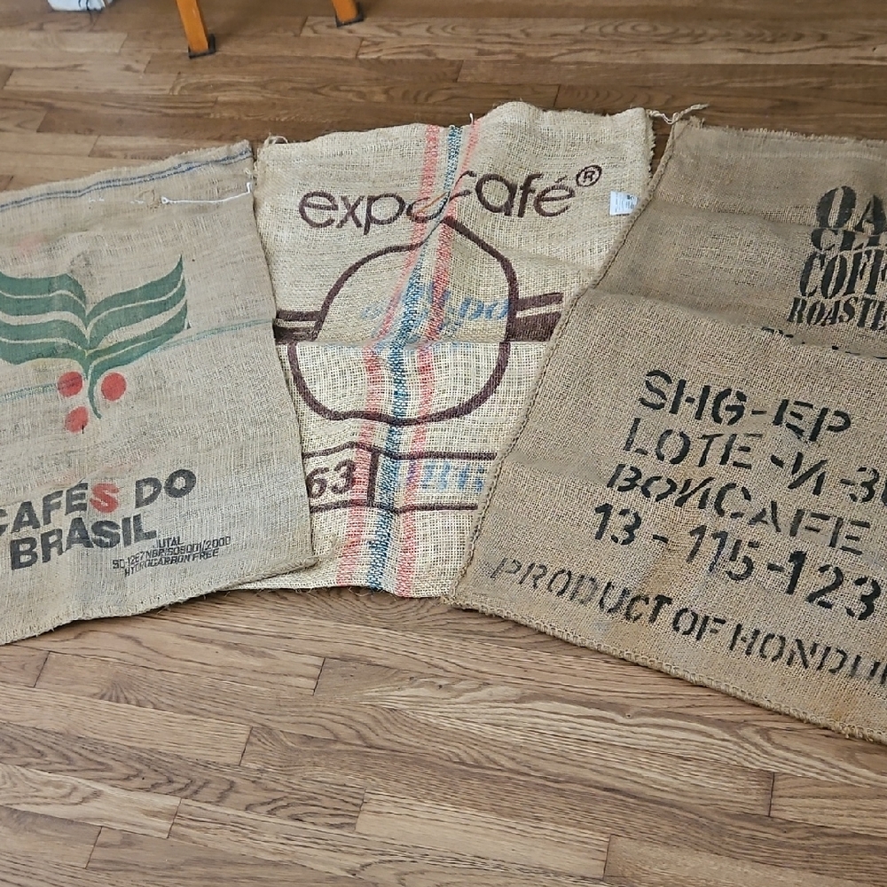 Set of 3 Vintage Coffee Burlap Sacks wit Printed Logos